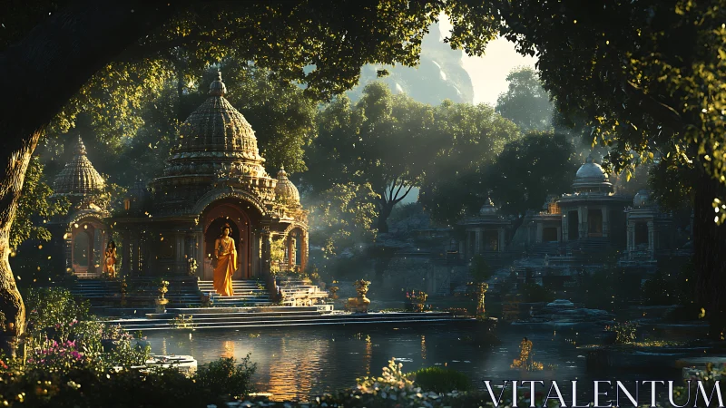 Sunlit temple sanctuary rests beside a tranquil forest lake