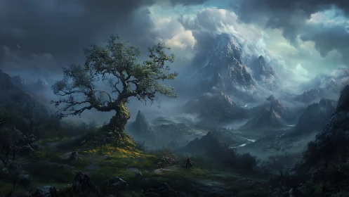 Ancient wind-sculpted tree dominates storm-lit glacial valley vista