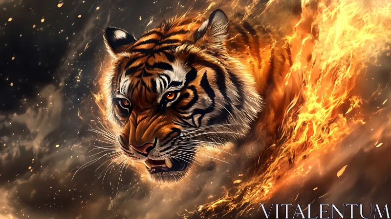 Inferno-striding tiger spirit roars from a storm of flames.