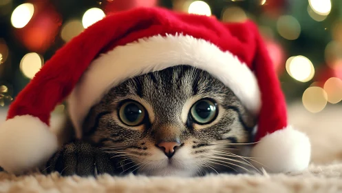 Wide-eyed Christmas cat plotting cozy holiday mischief.