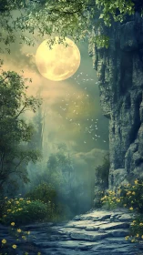 Moonlit forest path below cliffs and distant rock spires.