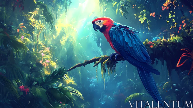 Scarlet macaw on mossed branch in luminous jungle light.