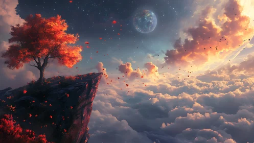 Crimson cliffside tree spills stardust leaves into cloud seas