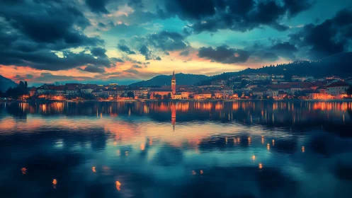 Lakeside town skyline under dramatic sunset clouds reflection.