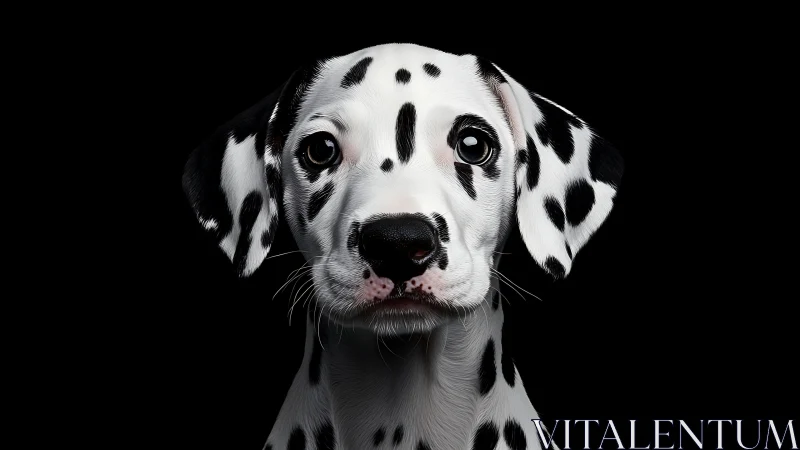 Dalmatian puppy portrait on black studio background.