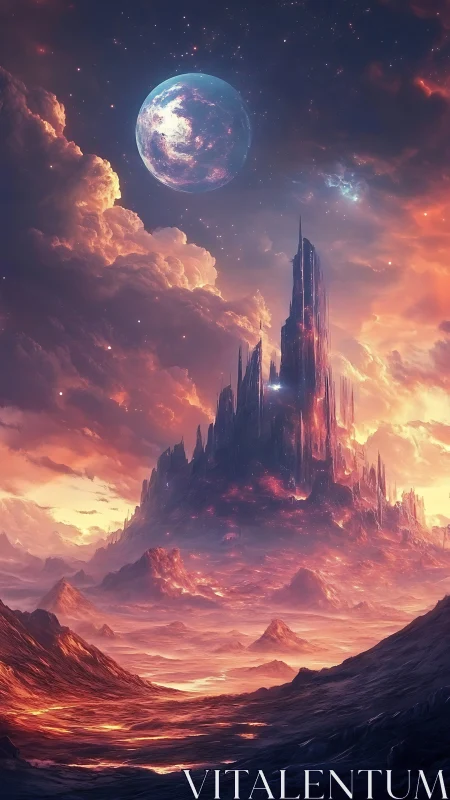 Stellar-lit obsidian spire amid incandescent alien basin.