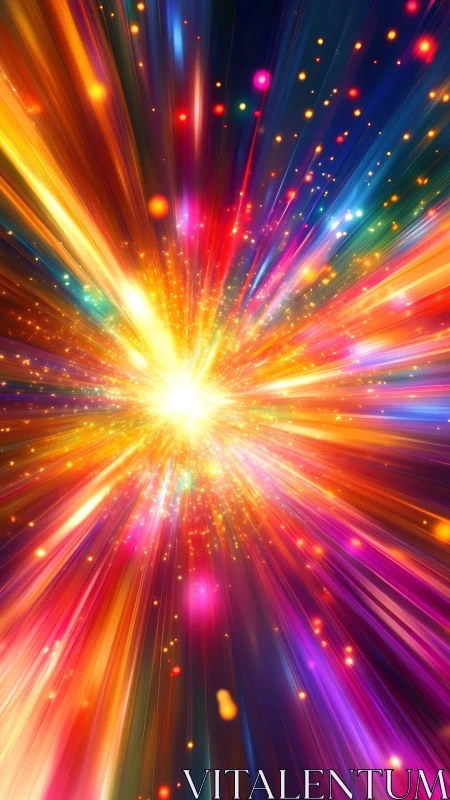 Cosmic color burst racing outward from a radiant digital star.