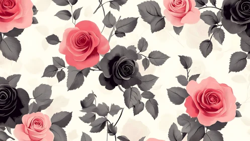 Pink and Black Rose Botanical Pattern with Layered Petals