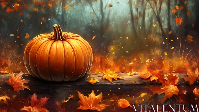 Autumn forest still life with pumpkin on rustic log.