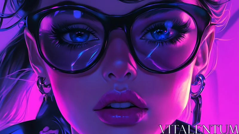 Neon-lit cyber girl in oversized glasses staring ahead.