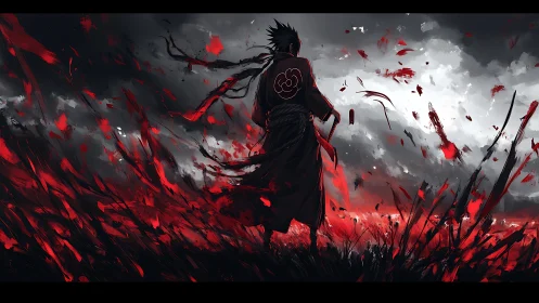 Storm-lit warrior strides through red-swept battlefield sky