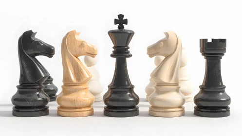 Close-up of Chess Pieces in Modern Minimalist Style on White Background.