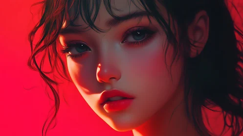 Hyperreal digital portrait under saturated red rim lighting