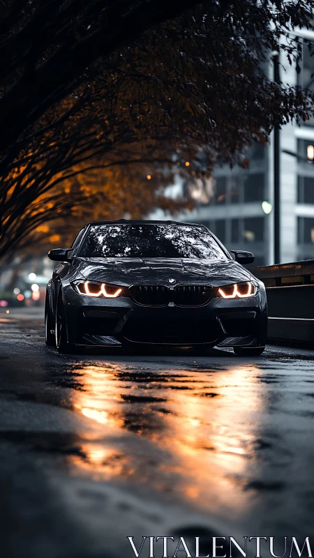 Sports sedan headlights cut through wet city street twilight