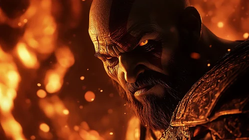 Cinematic close-up of scarred warrior in fiery bokeh field.