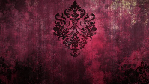 Baroque damask emblem over distressed crimson wall.