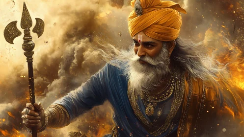 Warrior elder in golden turban amid burning stormscape.