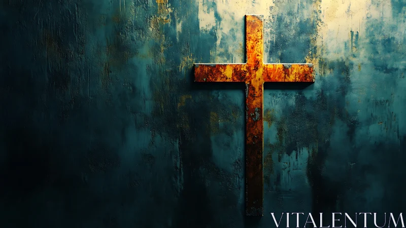 Rusted metal cross on textured blue wall under strong light.