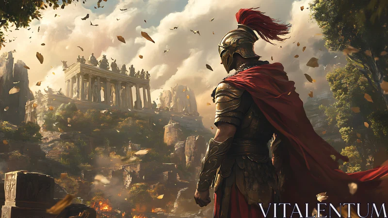 Heroic warrior gazes toward a sunlit ancient temple city