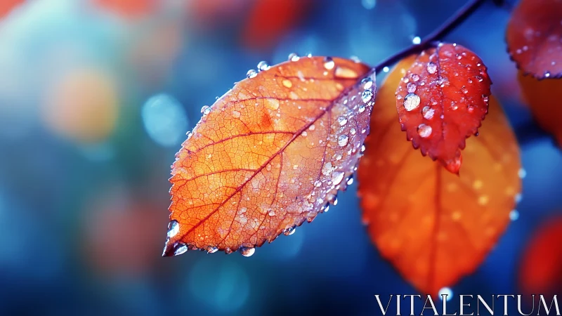 Dewlit autumn leaves glow against a cool blue bokeh background.