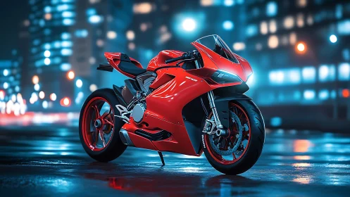 Red superbike on wet neon city street at night time.