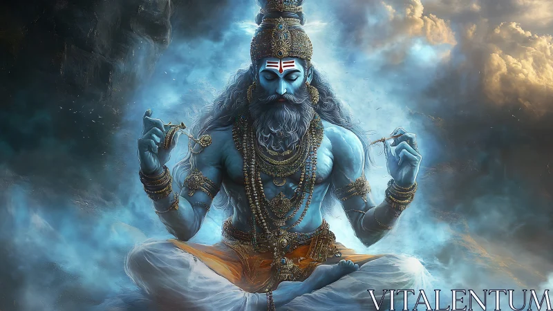 Mythic blue yogi in luminous cloud-suspended meditation field.