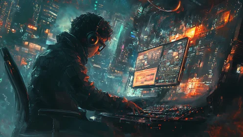Neon-soaked cyber hacker weaving code through city lights.