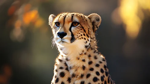 Cheetah portrait under golden light with soft bokeh background.