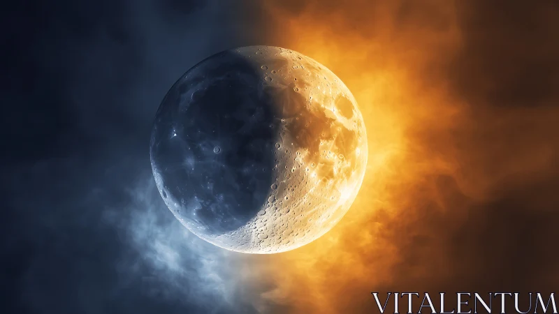 Luminous lunar sphere caught between frost and fire skies.