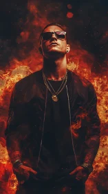 Confident man in sunglasses stands strong in swirling flames