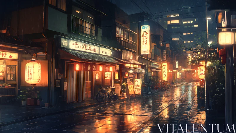 Rainy lantern-lit alleyway glowing with cozy night life.