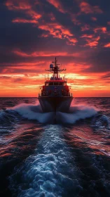 Patrol vessel bow-on at speed under high-contrast crimson sunset