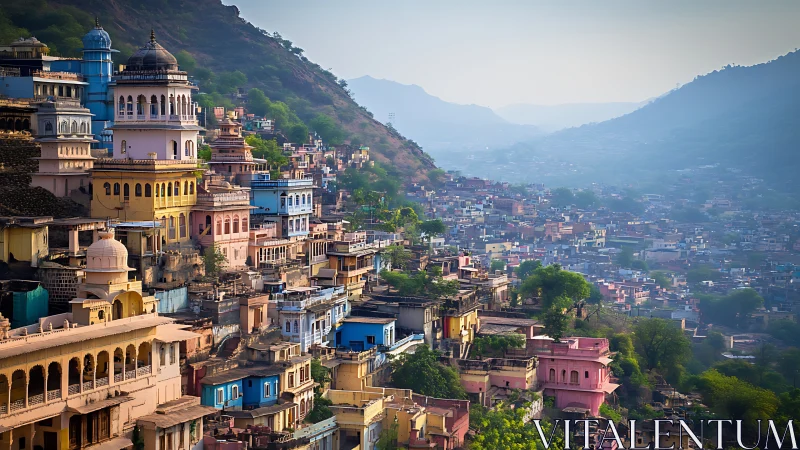 Colorful hillside Indian cityscape overlooks hazy valley