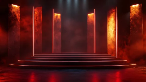 Luminous red stage glows amid towering neon pillars of light.