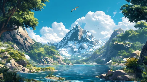 Snowcrowned peak guards a tranquil emerald valley lake.