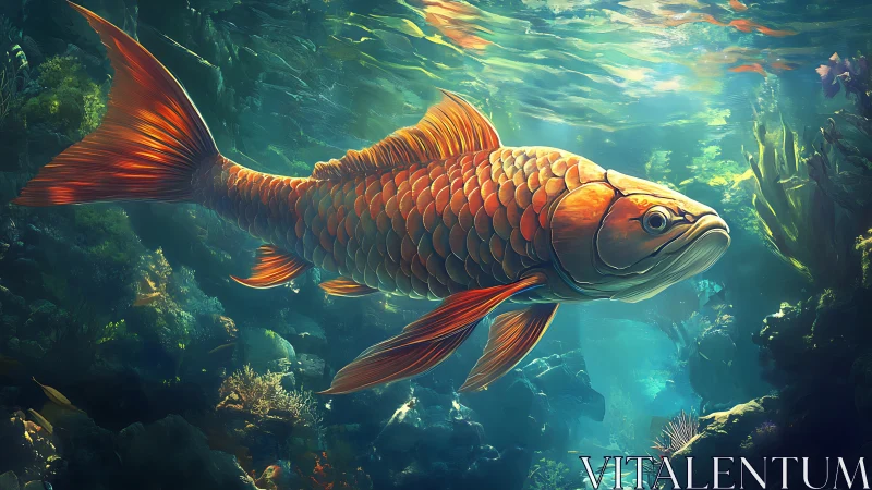 Golden koi gliding through luminous teal underwater reefscape.