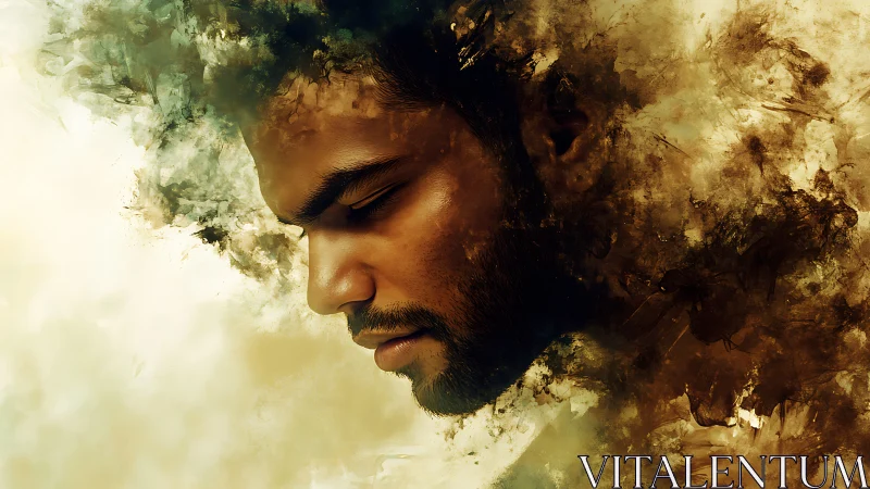 Profile study of male face dissolving into textured abstract clouds