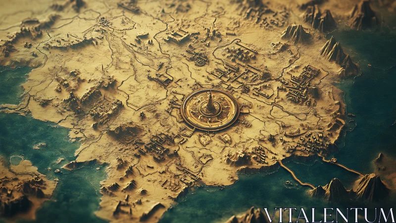 Circular fortified city dominates stylized coastal landmass