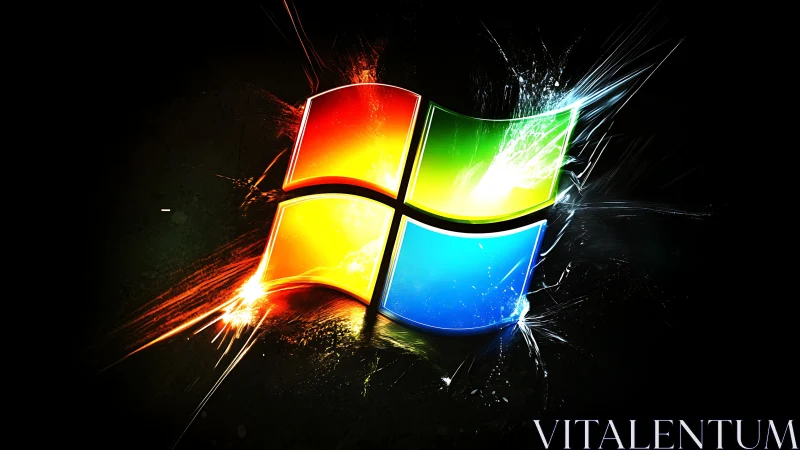 Explosive neon Windows logo on dark shattered background.