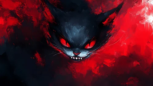Fiery-eyed shadow cat emerging from swirling crimson fog.