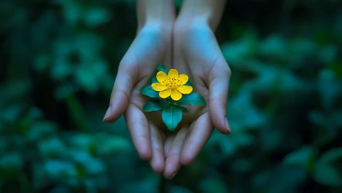 Hands cradle single yellow woodland flower in shallow focus