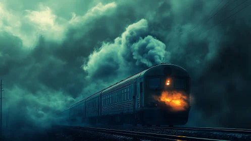 Night train cutting through dense green fog and smoke.