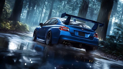 Blue tuner car waits in a rain-soaked cinematic forest road