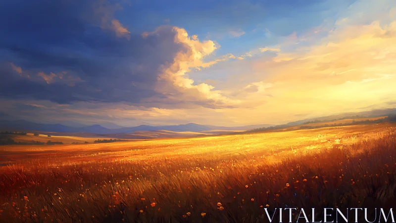Sunlit wheat plain under dramatic storm-clearing sky.