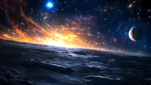 Alien ice landscape under nebula sky and distant planet.