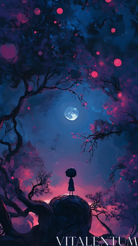Child under a moonlit dream canopy of swirling colors.