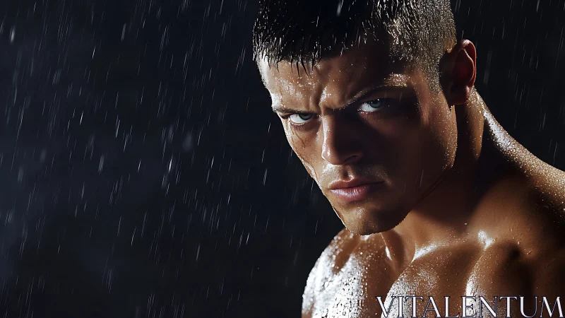 Male subject under rainfall with focused facial expression.