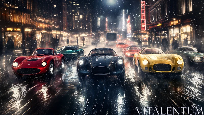 Classic sports cars race through neon-lit rain-soaked city streets.