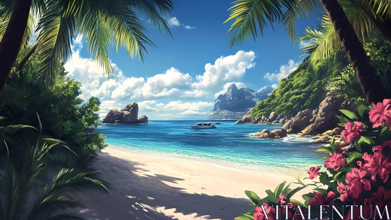 Tropical beach cove with palm framing and mountain vista.