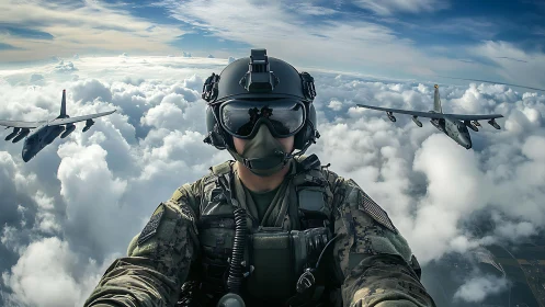 Soldier in flight gear takes aerial selfie with two jets